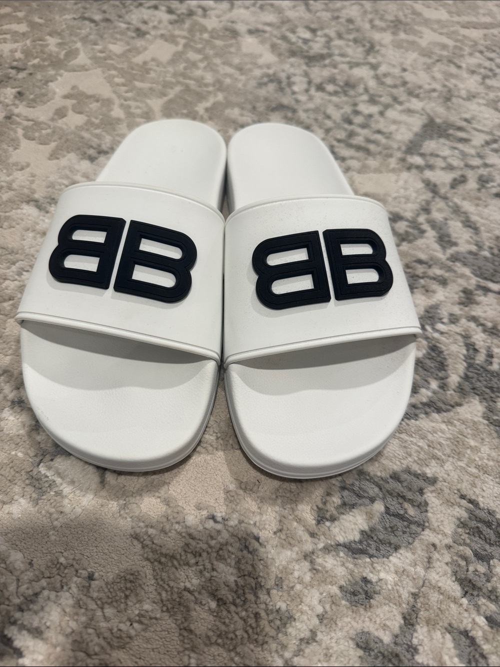 Men’s Balenciaga White Pool Slide Sandals with Black Logo